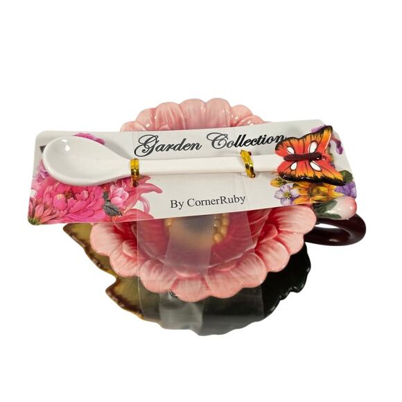 Corner Ruby Garden collection Tulip Flower Teacup Leaf Saucer Spoon NWT - Picture 1 of 6